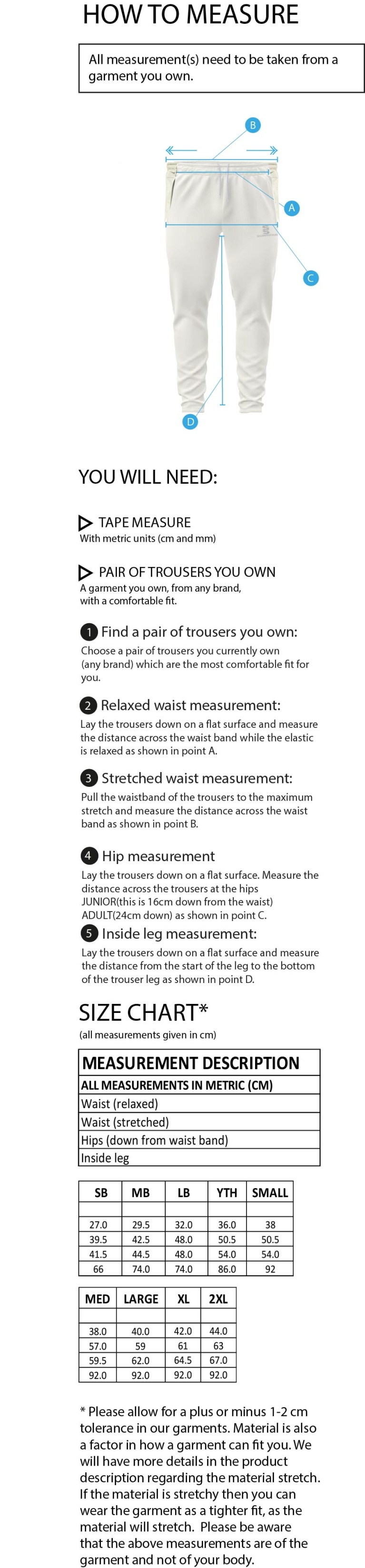 Tarleton CC - Playing Pants - Size Guide