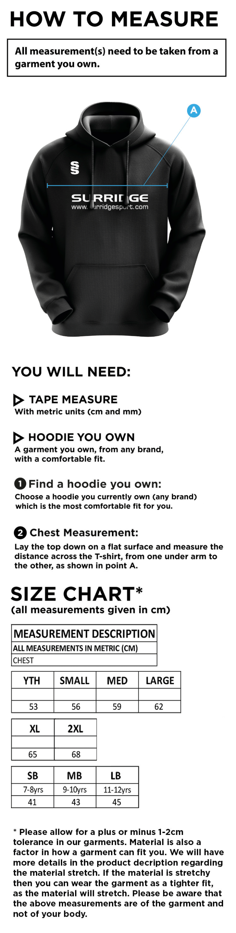 Tarleton CC - Blade Hoody - Size Guide