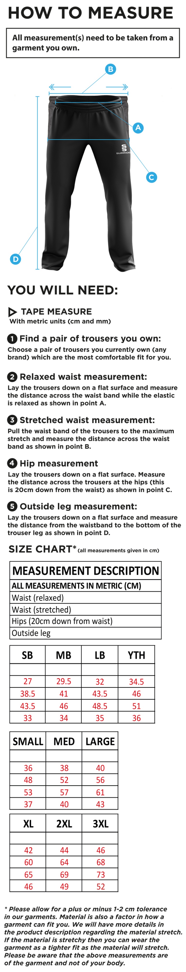Tarleton CC - Ripstop Track Pant - Size Guide