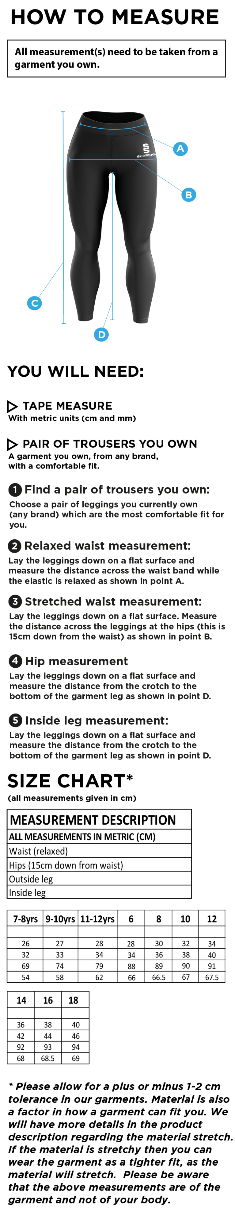 Tarleton CC - Performance Full Length Leggings - Size Guide
