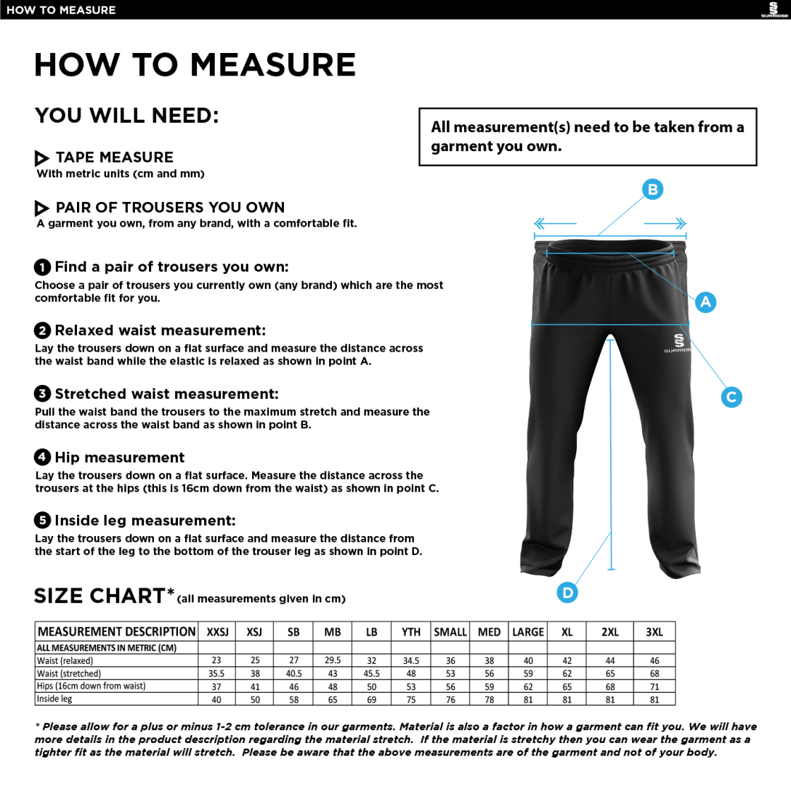 Tarleton CC - Classic Tracksuit Pant 3/4 Zip Length - Men's - Size Guide