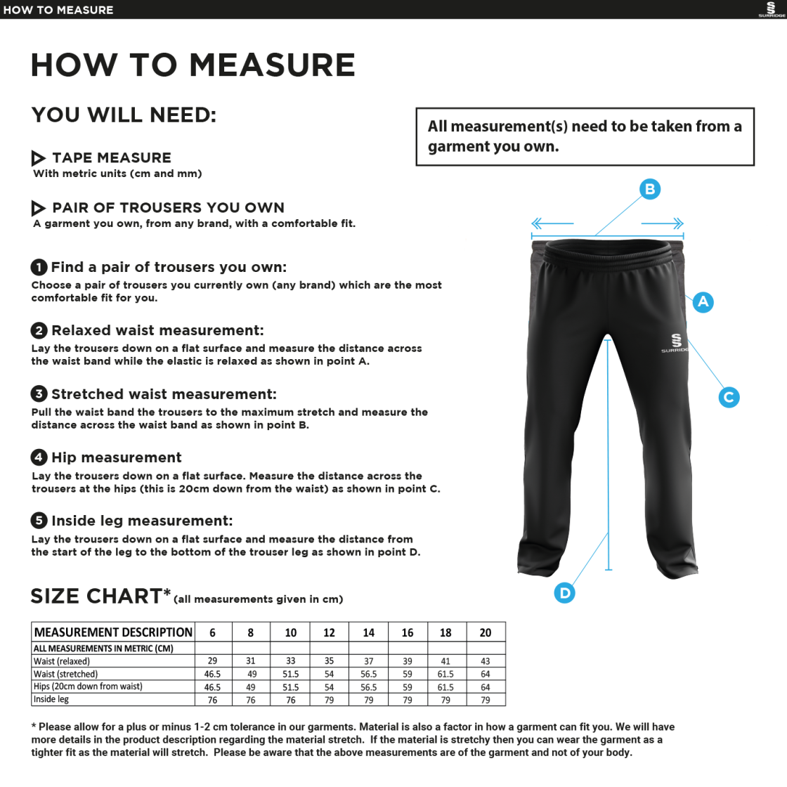 Tornadoes - Women's Poplin Track Pant - Size Guide
