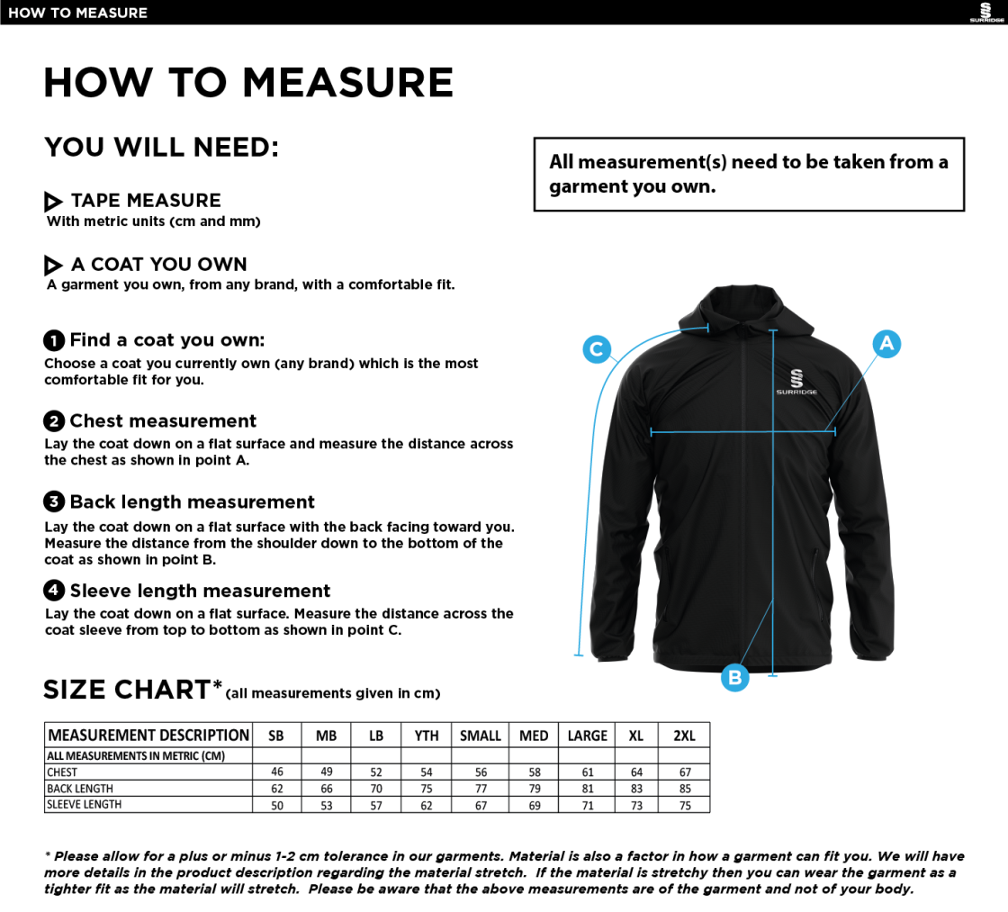 Tarleton CC - Dual Elite 1/4 Zip Hoody / Rain Jacket - Size Guide
