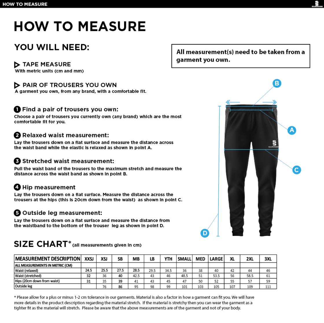Tarleton CC - Tek Slim Pant - Size Guide