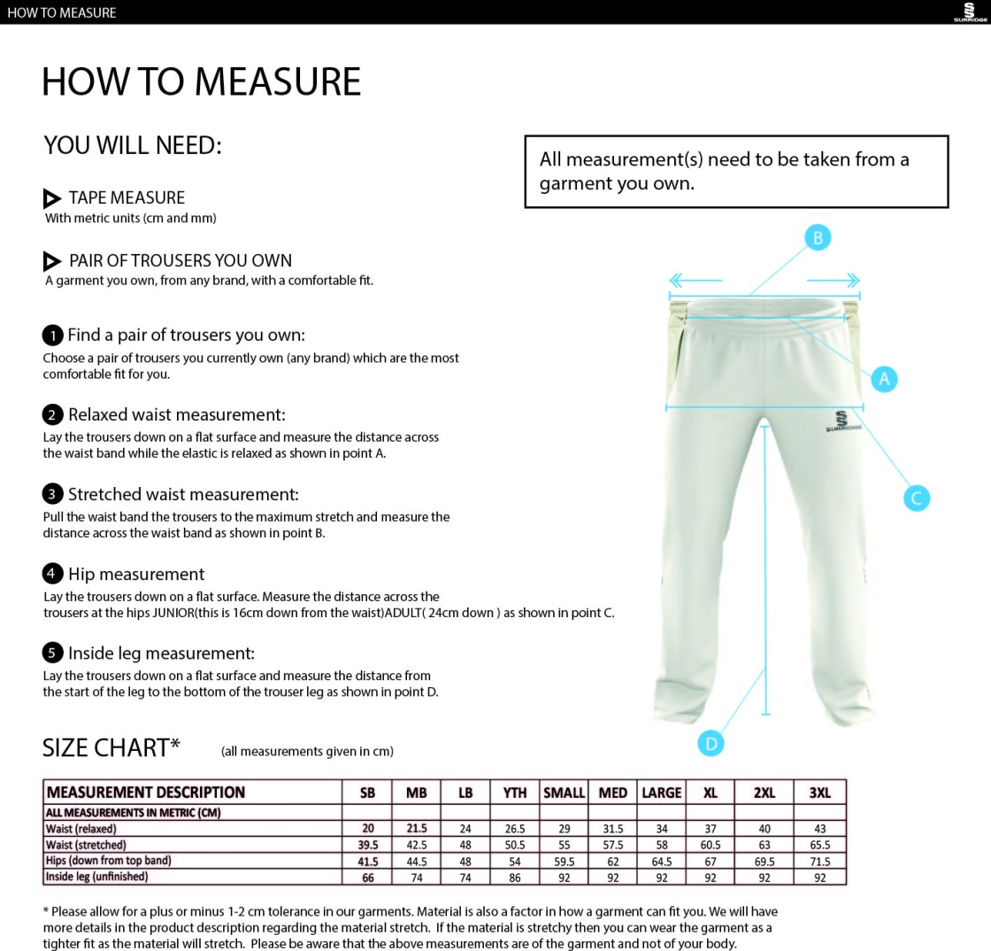 Tarleton CC - Standard Playing Pant - Size Guide