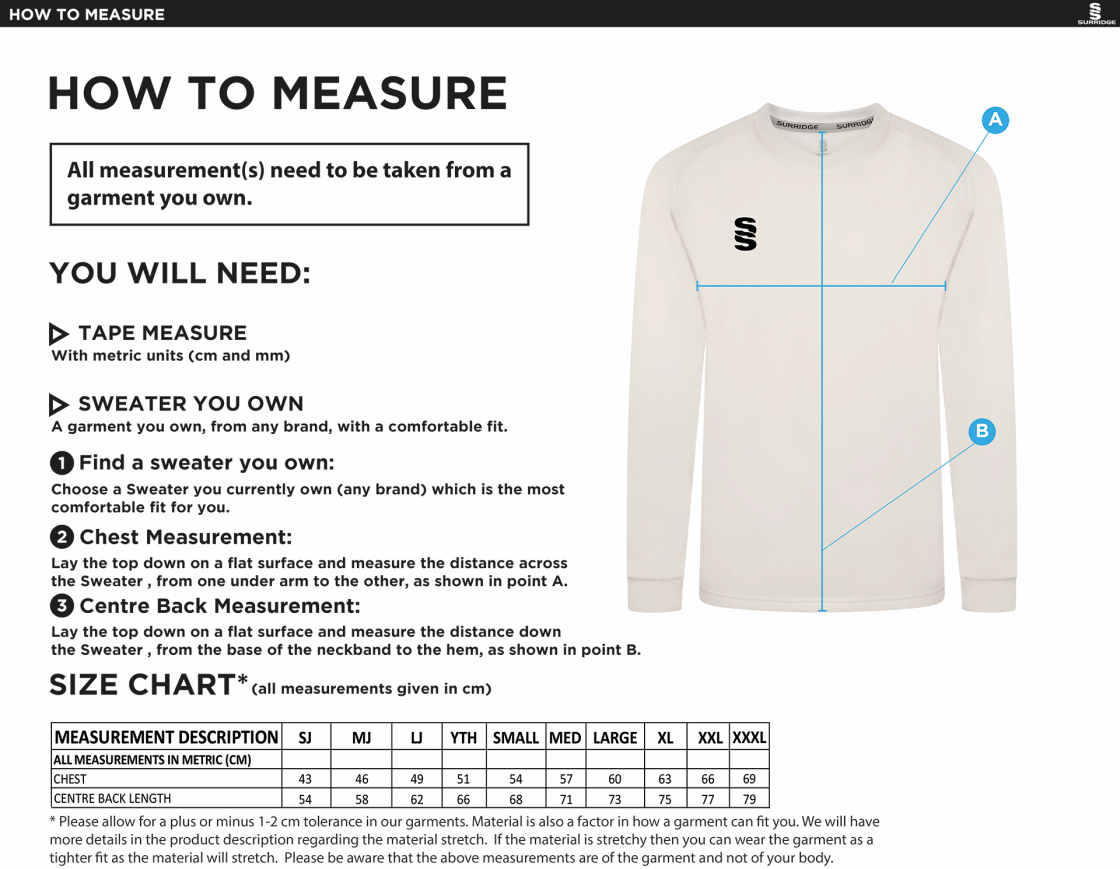 Tarleton CC - Blast Long Sleeve Cricket Sweater - Size Guide