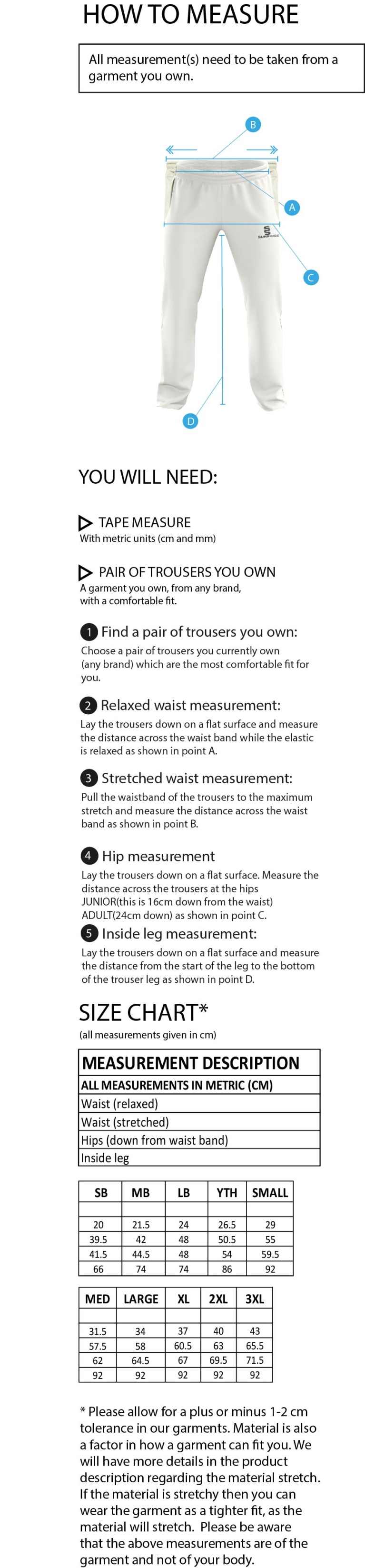 Tarleton CC - Standard Playing Pant - Size Guide