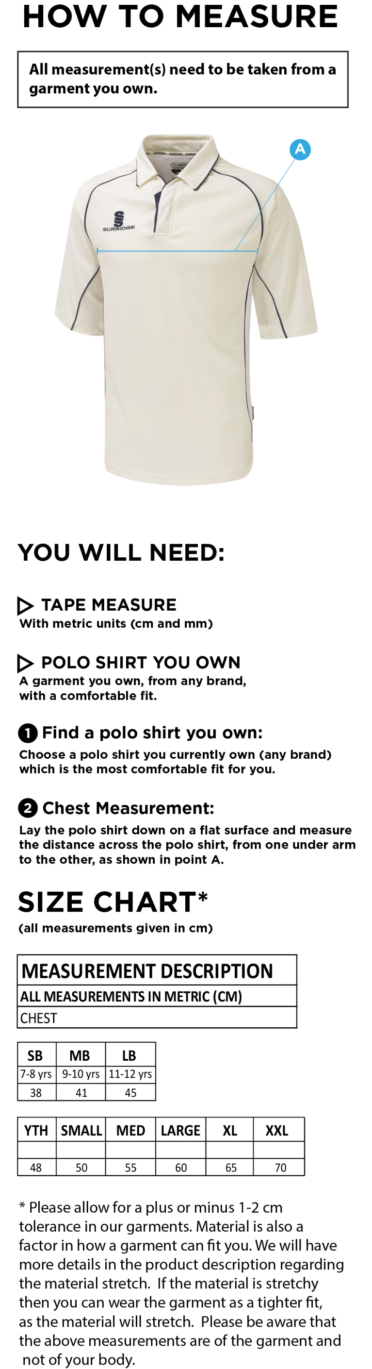 Tarleton CC - Premier 3/4 Sleeve Navy Trim Shirt - Size Guide