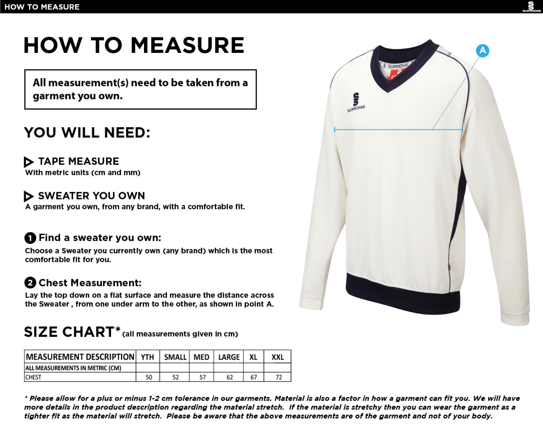 Tarleton CC - Long Sleeve Sweater Navy Trim - Size Guide
