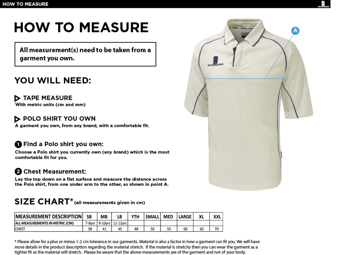 Tarleton CC - Premier 3/4 Sleeve Navy Trim Shirt - Size Guide