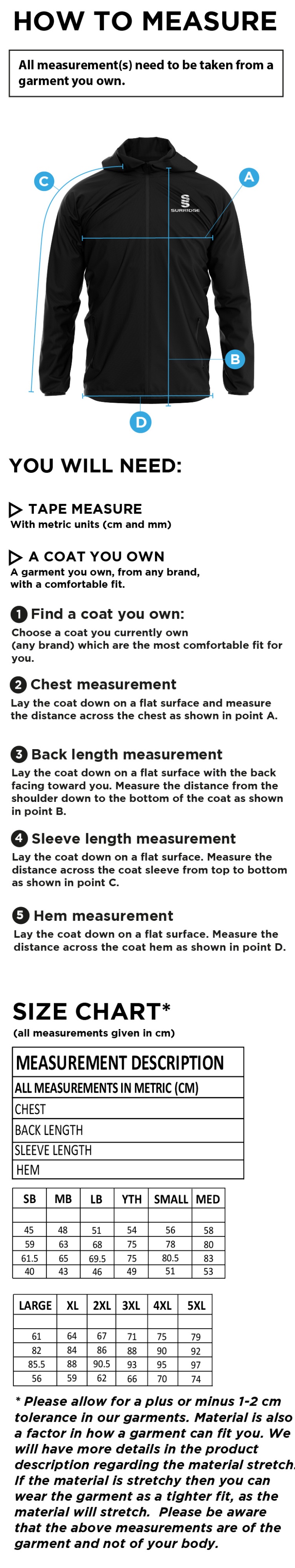 Tarleton CC - Dual Full Zip Training Jacket - Size Guide