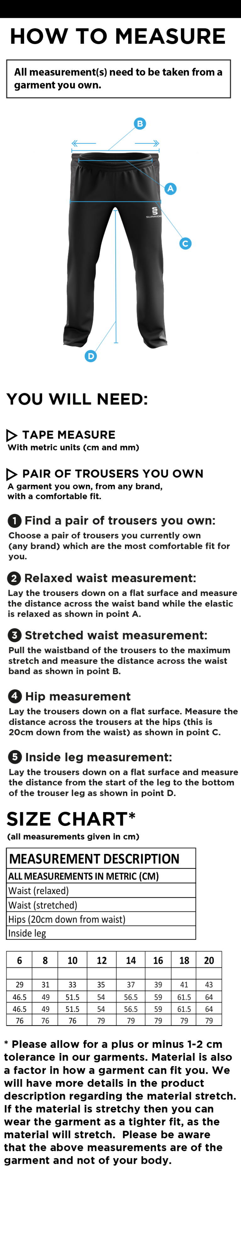Tarleton CC - Classic Tracksuit Pant 3/4 Zip Length - Women's - Size Guide