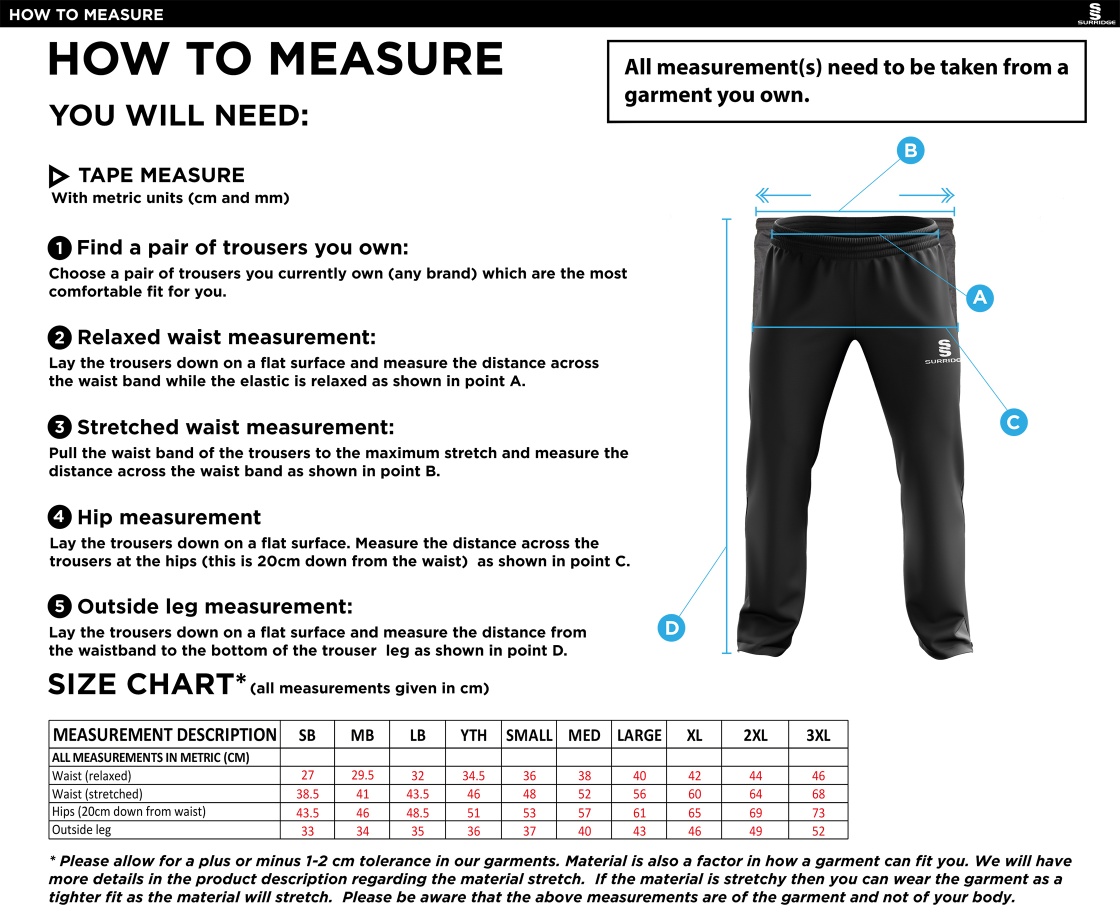 Tarleton CC - Ripstop Track Pant - Size Guide