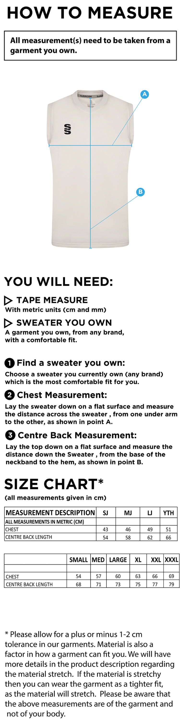 Tarleton CC - Blast Sleeveless Cricket Sweater - Size Guide