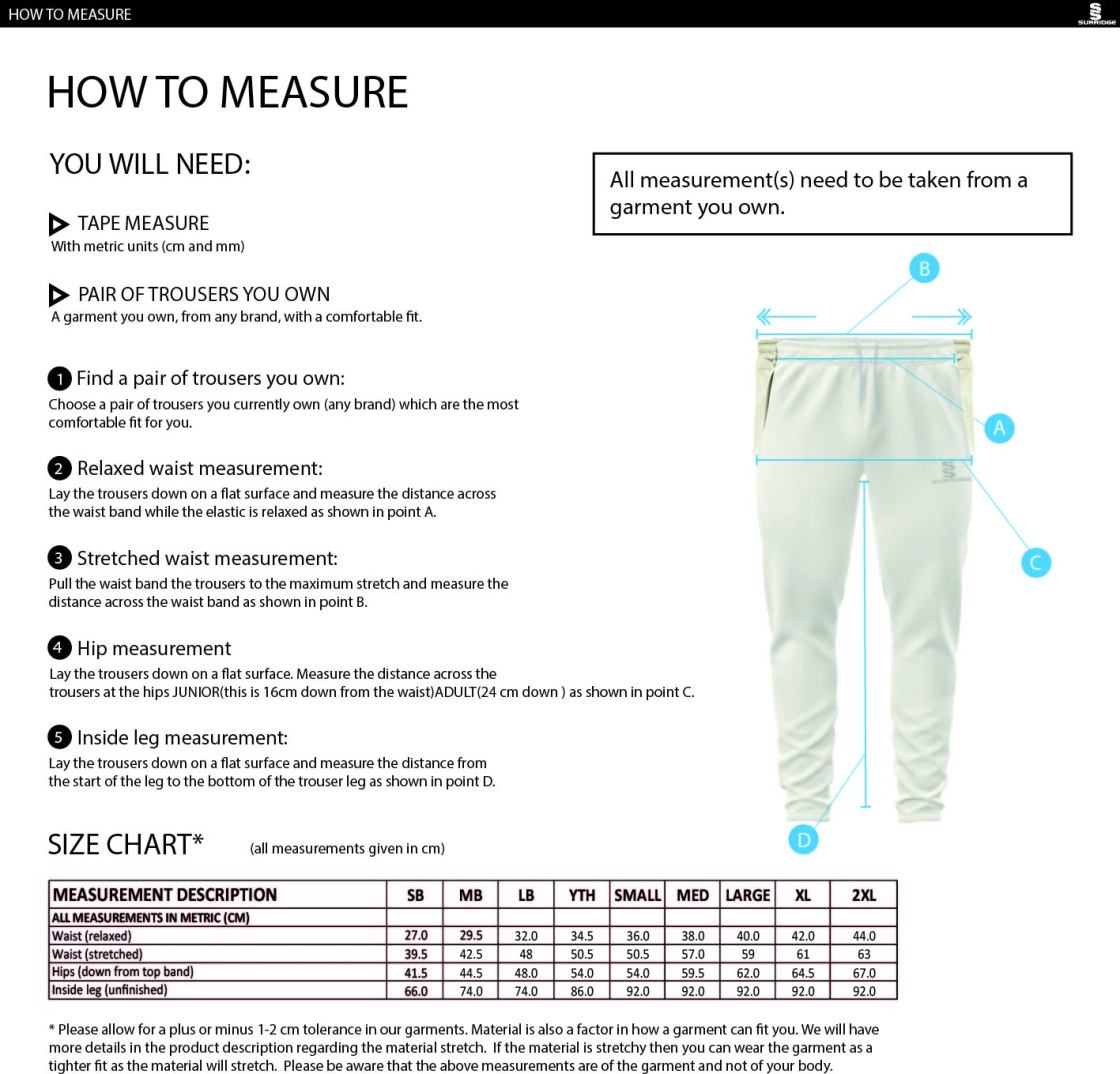 Tarleton CC - Ergo Playing Pant - Size Guide