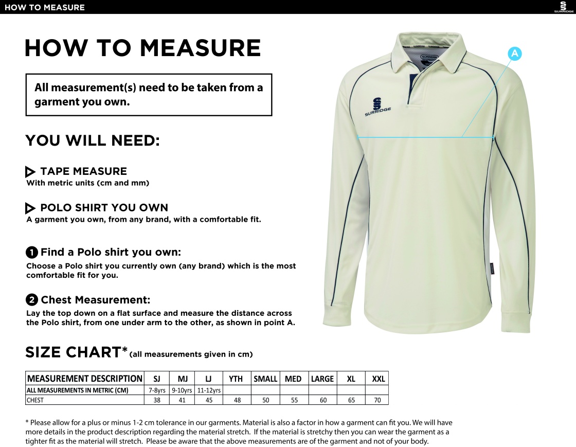 Tarleton CC - Premier Long Sleeve Navy Trim Shirt - Size Guide