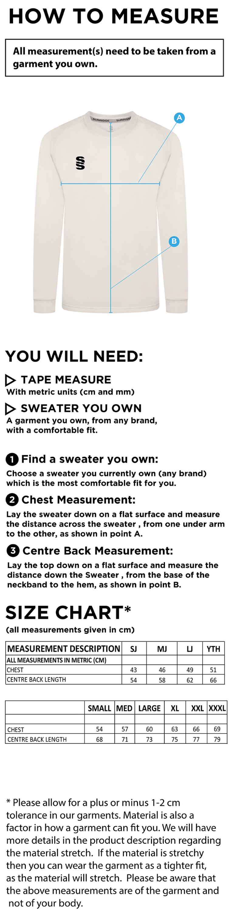 Tarleton CC - Blast Long Sleeve Cricket Sweater - Size Guide