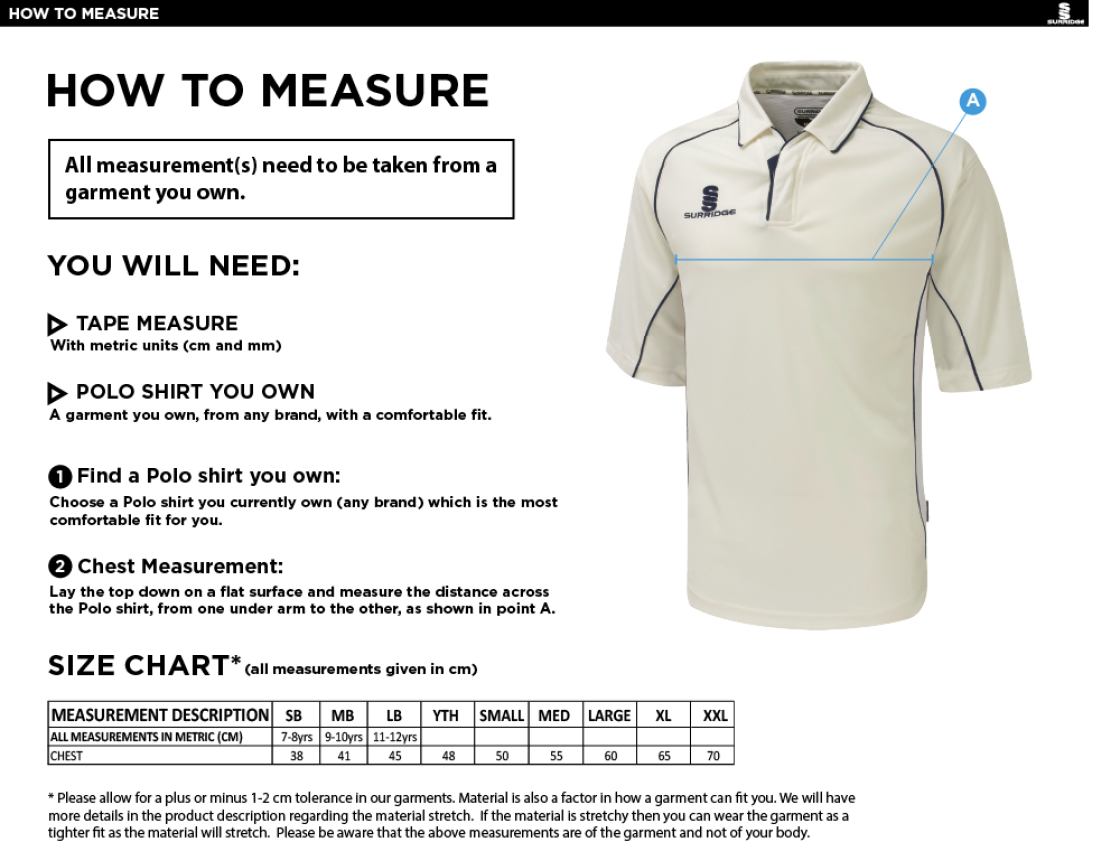 Tarleton CC - Premier 3/4 Sleeve Navy Trim Shirt - Size Guide