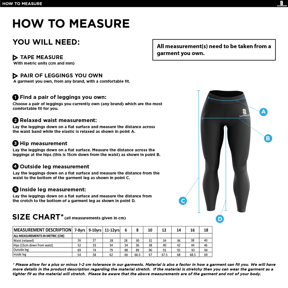 Tarleton CC - Performance Full Length Leggings - Size Guide