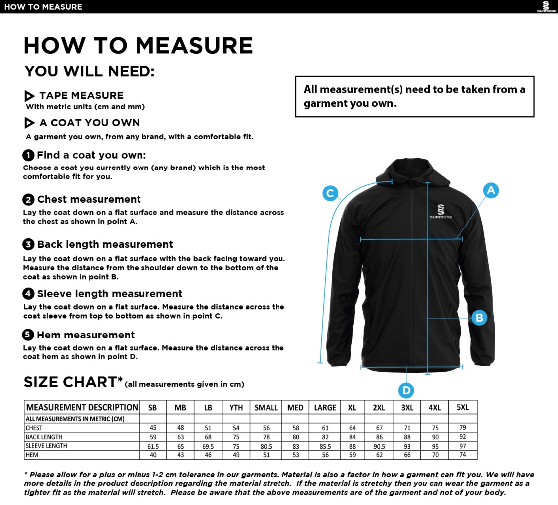 Tarleton CC - Dual Full Zip Training Jacket - Size Guide