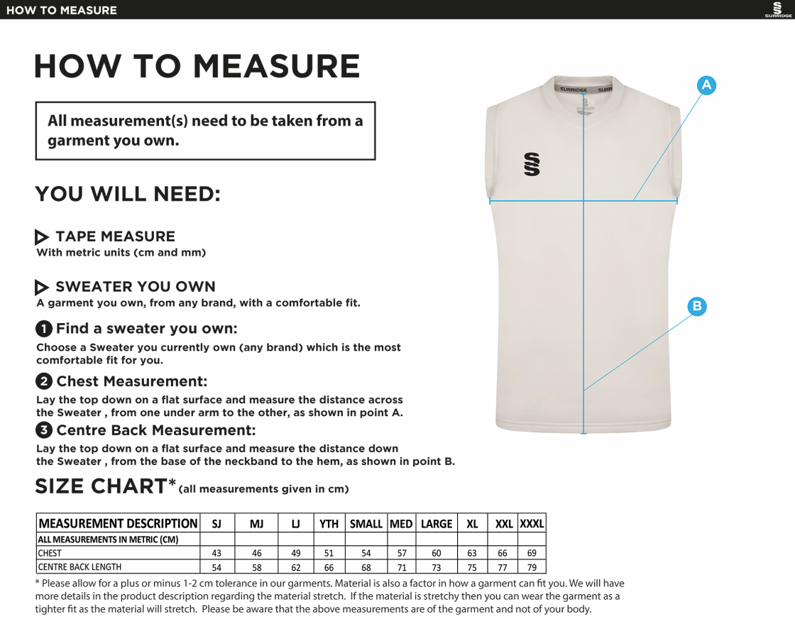 Tarleton CC - Blast Sleeveless Cricket Sweater - Size Guide