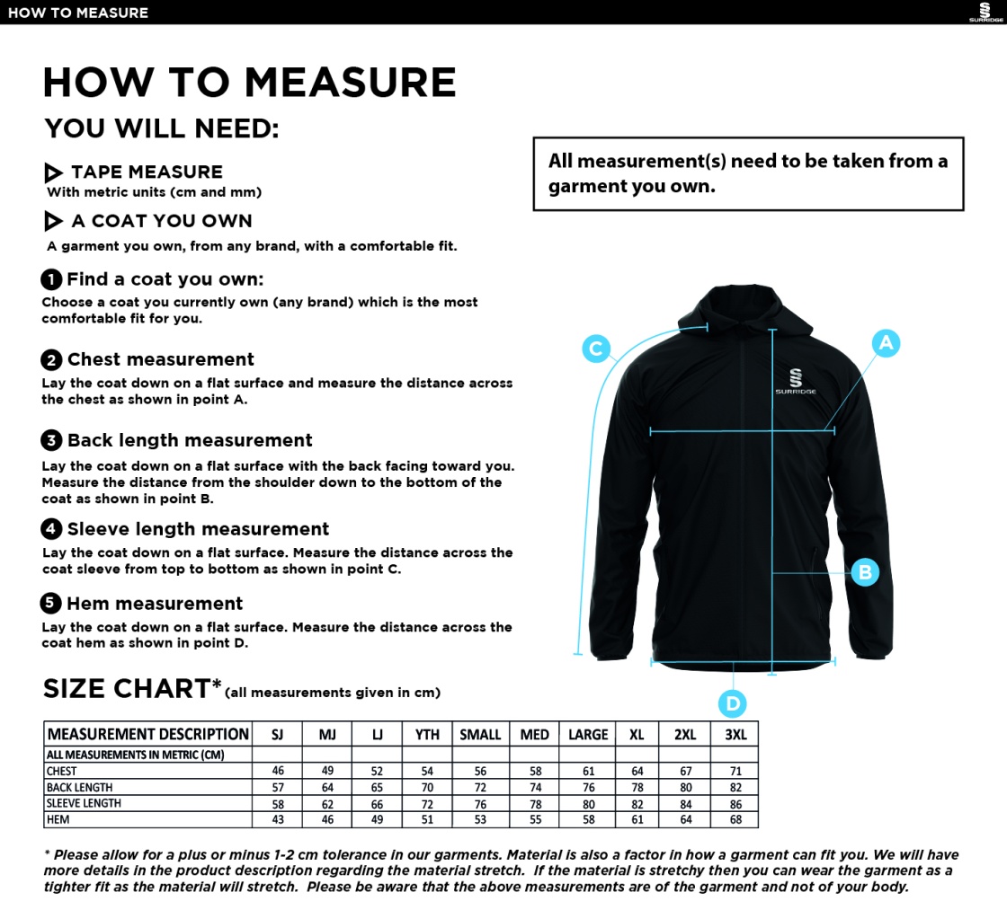 Tornadoes - Dual Elite 1/4 Zip Hoody / Rain Jacket - Size Guide