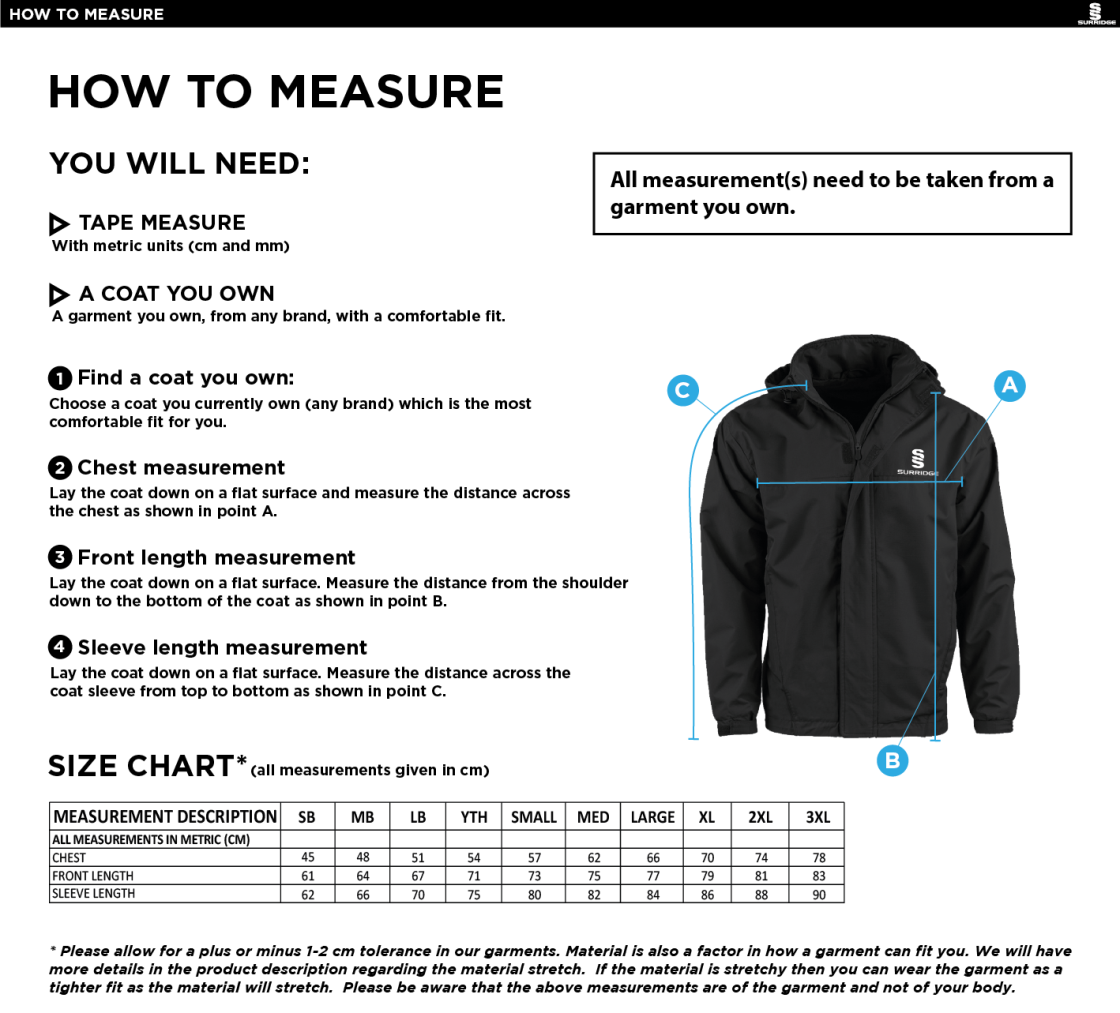 Tarleton CC - Fleece Lined Jacket - Size Guide