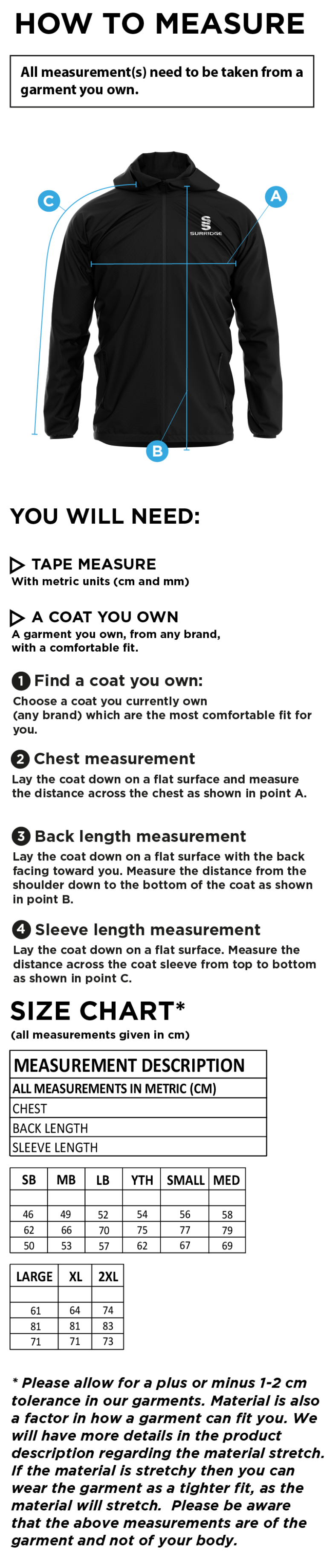 Tarleton CC - Dual Elite 1/4 Zip Hoody / Rain Jacket - Size Guide