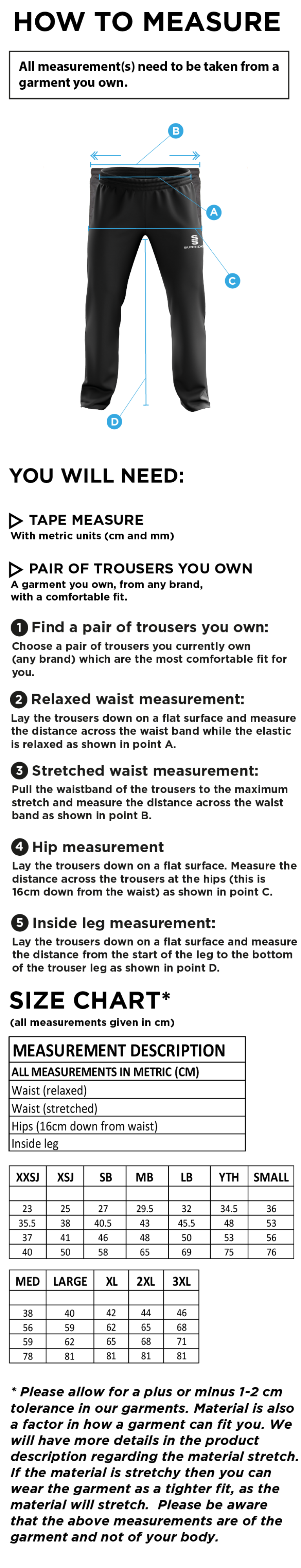 Tarleton CC - Poplin Track Pant - Size Guide