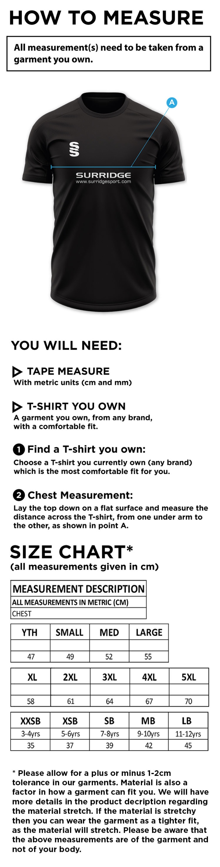 Tarleton CC - Blade T-shirt - Size Guide